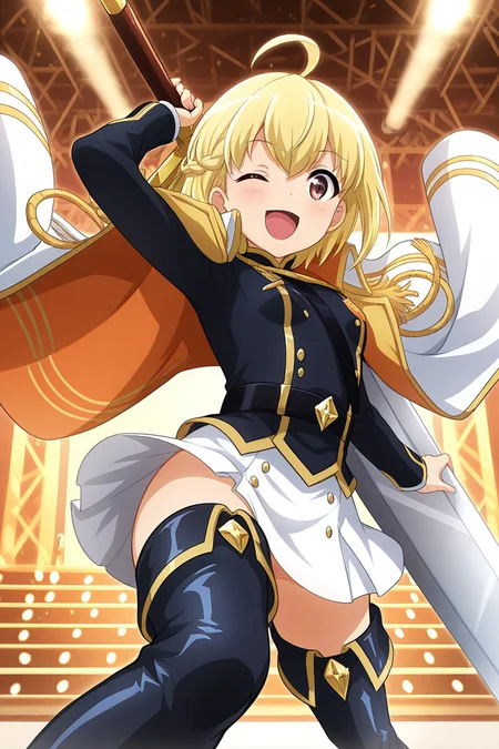 masterpiece, best quality, amazing quality,
<lora:Otori_IL:1> michiru, 1girl, weapon, epaulettes, sword, one eye closed, blonde hair, solo, skirt, thighhighs, ahoge, holding, holding weapon, white skirt, jacket, thigh boots, holding greatsword, boots, smile, open mouth, short hair, looking at viewer, uniform, ;d, miniskirt, cape, stage outfit