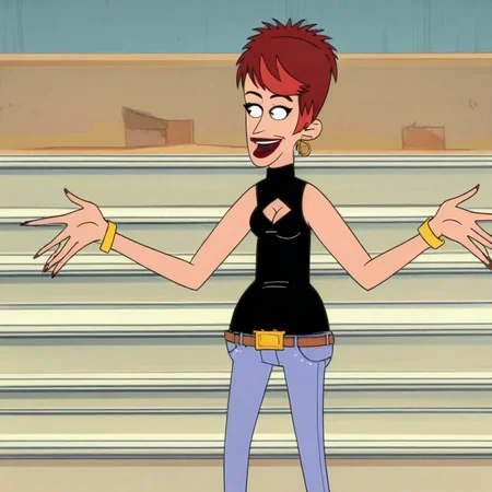 woman, sweater, pants, red hair, short hair, , cleavage, belt, sleeveless, ear rings, bracelets, solo