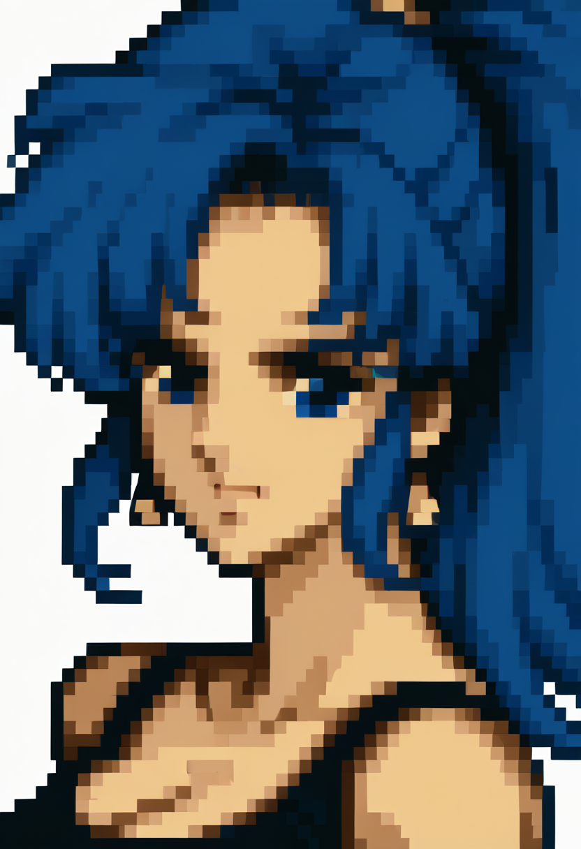 score_9, score_8_up, score_7_up, source_anime, 1girl, solo, 
<lora:zs_FE4PortraitsXL:1> fe4portraits, portrait, pixel art, white background
 <lora:PonyLeona:1> blue hair, ponytail, blue eyes, PonyLeona, black tanktop, triangle earrings, cleavage,