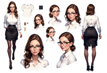 perfect face, expressive eyes, highest quality, stockings, knee length skirt, white blouse, professional dress, 38-year-old white american female, slightly pale skin, long brown hair, greenish-brown eyes, glasses, professional makeup, thin but athletic figure, c cup breasts, CharacterDesignFLUX, reference sheet,white background,simple background,multiple views, upper body, front, from side, color palette reference, high_detailed, captured in high detail, magic particles, multiple references