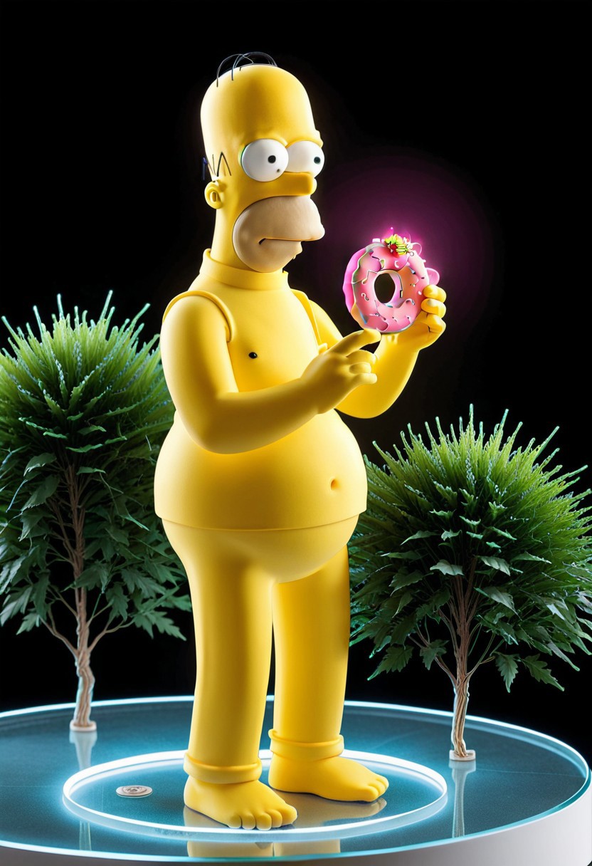 masterwork, realistic, god rays, top lighting, Homer simpson holding a pink donut, Homer Simpson made of tiny neon glass filaments, bushes, award-winning, professional, highly detailed, w0gf1l