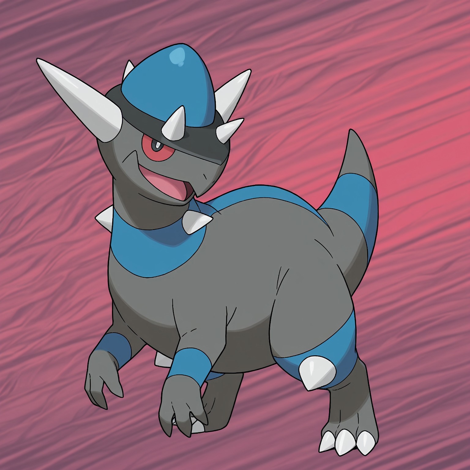2d, solo, Rampardos, Pokemon (creature), scalie, feral, gray body, blue skin, blue stripes, single tail stripe, spikes, horns, head spikes, knee spikes, toe claws, red sclera, black pupils, three toes, tail, 

BREAK standing, open mouth smile, looking at viewer, abstract background, 

BREAK best quality, amazing quality, very aesthetic, absurdres, newest, masterpiece 