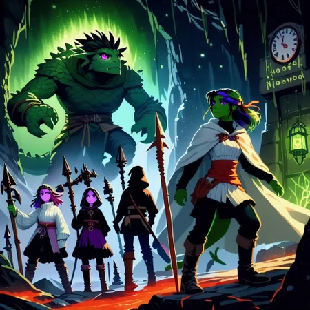 bddstyle, clock, pleated skirt, knee boots, purple eyes, artist name, polearm, ribbed sweater, sash, half updo, green skin, black pants, multicolored hair, headband, lantern, nature, vampire, tail, eyeshadow, turtleneck, white cloak, hooded cloak, standing, axe in hand, volcano eruption,