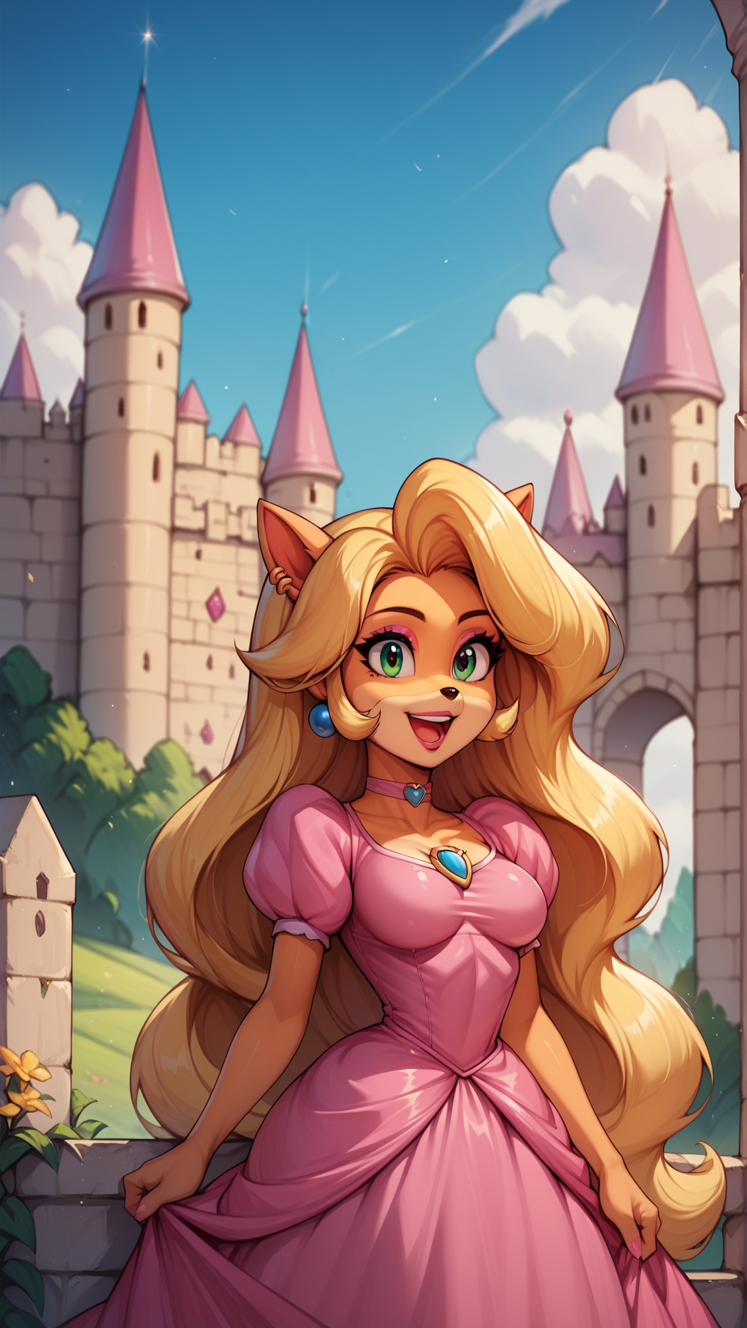 score_4,score_5,score_6,score_7_up,score_8_up,score_9 BREAK <lora:Princess_Peach_Shiny_Style_V3.0:0.7>,tawna bandicoot,1girl,solo,jewelry,earrings,long hair,breasts,very long hair,big hair,choker,dress,medium breasts,:d,outdoors,smile,open mouth,shiny,shiny skin,castle,puffy sleeves,