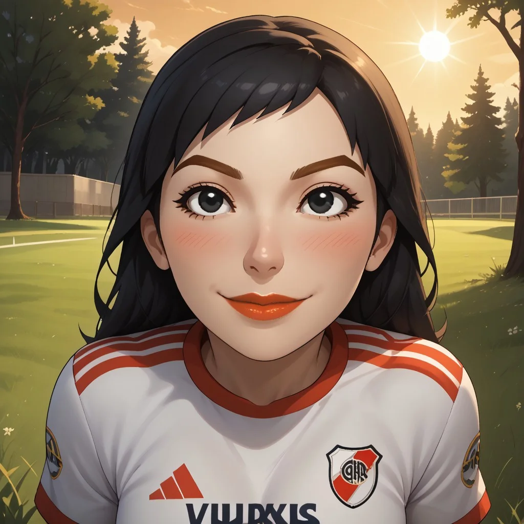 score_9, score_8, BREAK, solo, wii, mii, wii sports, 1girl, female mii, black eyes, black hair, brown eyebrows, lips, RiverPlate, striped shirt, striped, shirt, white shirt, short sleeves, clothes writing, sportswear, soccer uniform, white pants, shoes, nintendo mii, modern_mii, classic_mii, breasts, Misaki_(Wii_Sports), cute, blush, sexy pose, self portrait, smile, outdoors, sunlight, shadows, evening lighting, natural lighting, forest, trees, grass, orange sky, sunset