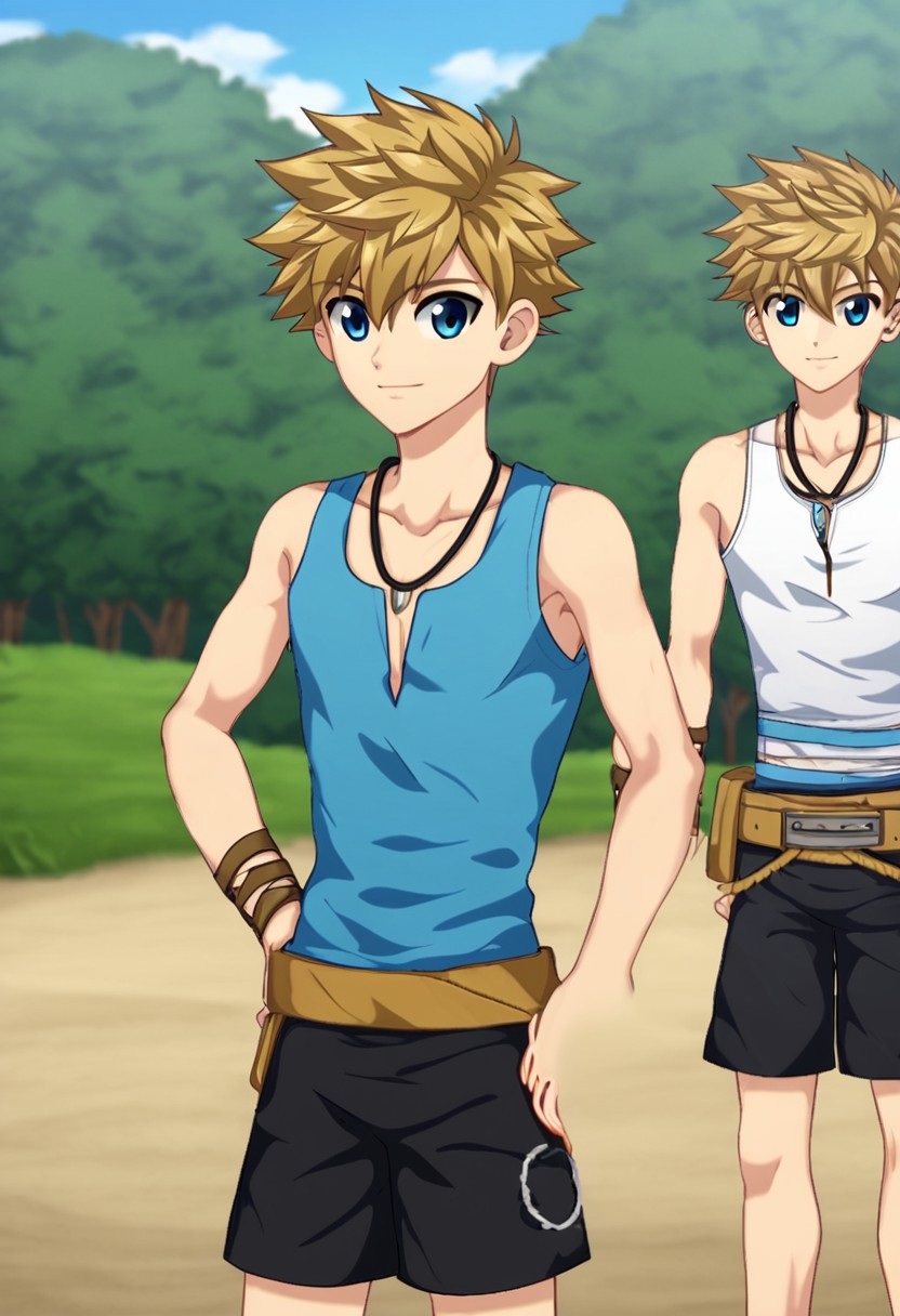 connor bleufin, blond hair, short hair, spiky hair, blue eyes, 1boy, solo, solo focus, medium build body, wear blue tank top, wear black shorts, outdoor, sunny day, clear sky, standing
