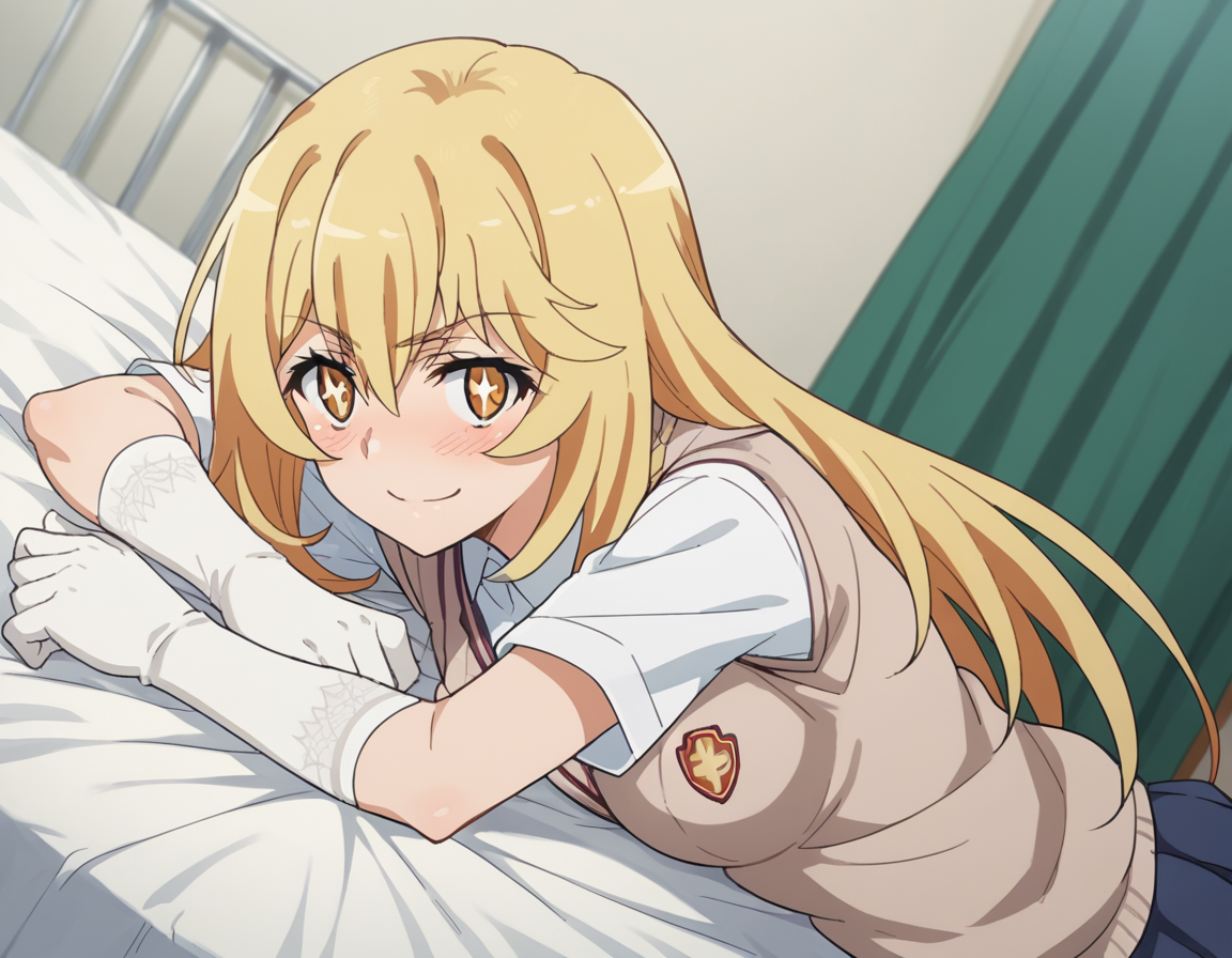 score_9, score_8_up, score_7_up, source_anime,
misakishokuhou, <lora:misaki-shokuhou-s3-ponyxl-lora-nochekaiser:1>,
misaki shokuhou, blonde hair, hair between eyes, long hair, symbol-shaped pupils, yellow eyes, smile,
elbow gloves, gloves, school uniform, short sleeves, summer uniform, sweater vest, tokiwadai school uniform, white gloves, light brown sweater vest,
indoors, bed, bed room, on side, blush, drunk,
looking at viewer, cowboy shot, dutch angle, dynamic pose,