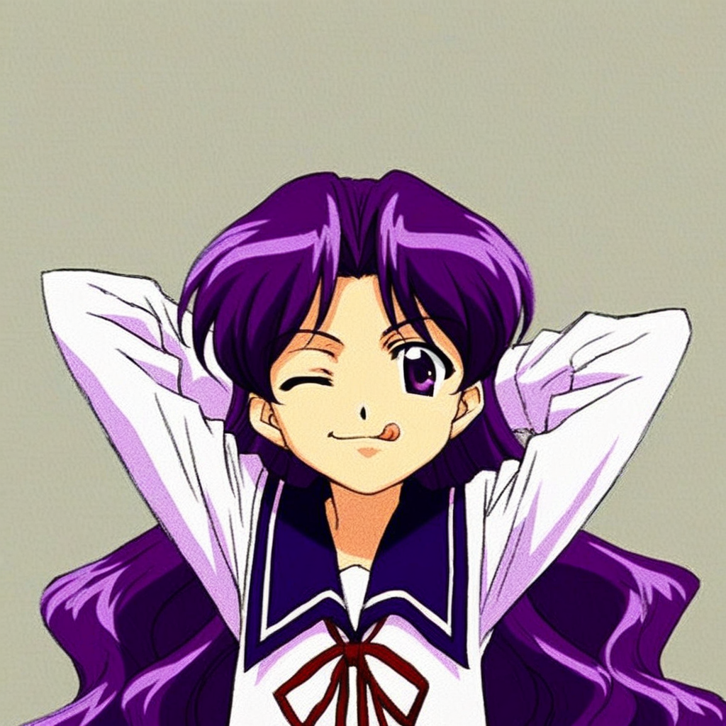score_9, solo, miyuki_mayu, purple hair, long hair, purple eyes, school uniform, hands behind head, one eye closed, tongue, upper body focus