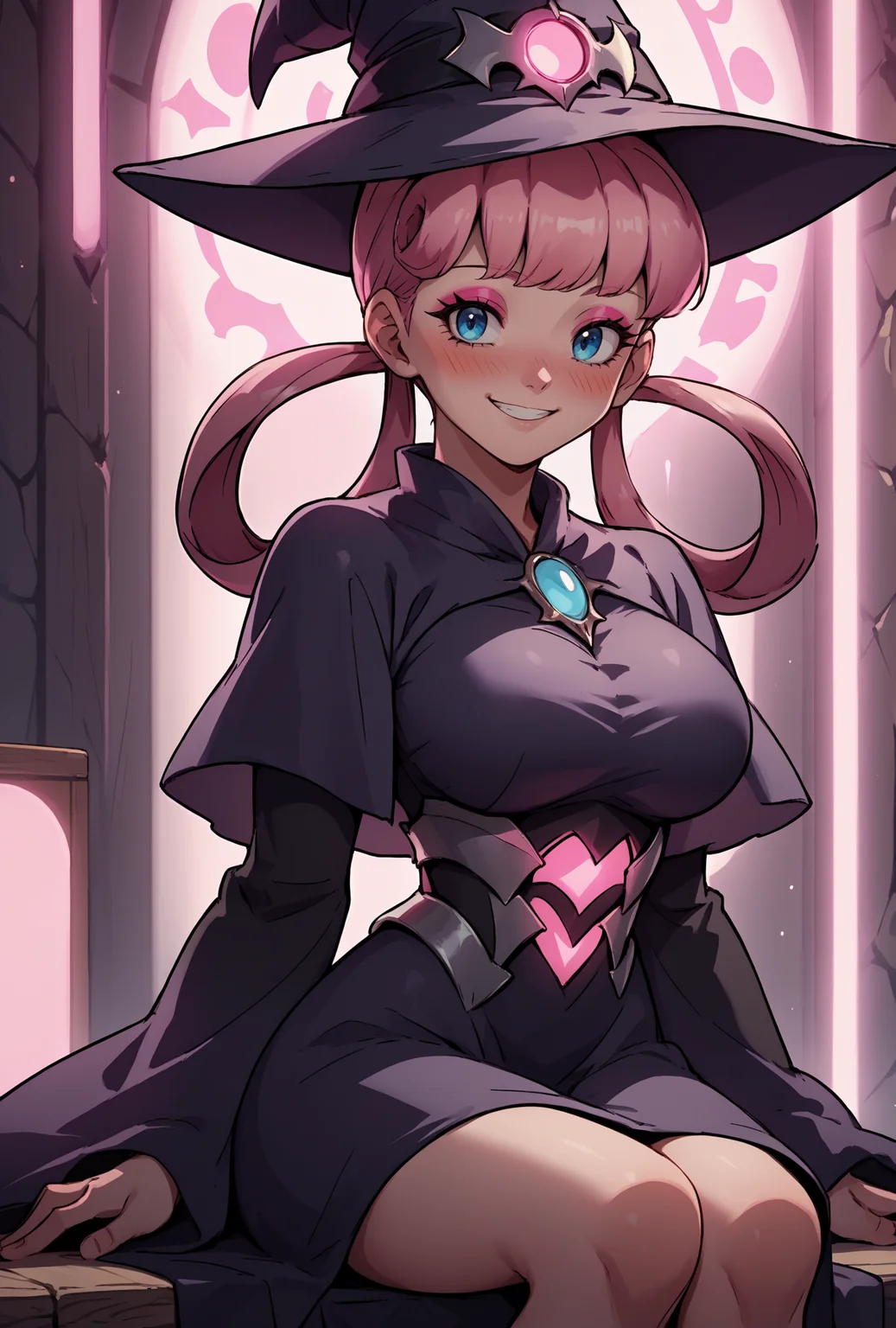 glowing neon lights, sitting, armoured, witch hat, witch robe, eyeshadow, looking at viewer, smiling, pink glow, pink magical energy, score_9, score_8_up,score_7_up, source_anime, 1girl, solo, <lora:EPpkNurseJoyPony_epoch_15:1>, eppknursejoy, pink hair, blue eyes, long hair, blush, large breasts, hair rings, bumper bangs,