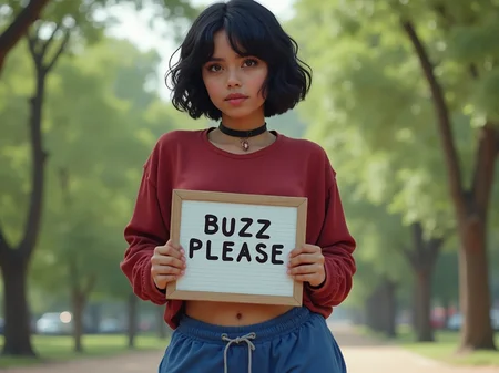 front view, looking at viewer, huge lips, puffy lips, from below, score_9, score_8_up, score_7_up, 1girl, short black wavy hair, standing at a park and holding a board written "Buzz Please" , choker, (Crimson loose top), (blue baggy sweatpants), overhang, narrow waist, big hips,cute, beautiful model face, gorgeous girl, open mouth, bending forward slightly, perfect body, hourglass figure, massive breasts, desi woman, realistic skin, moles, detailed skin