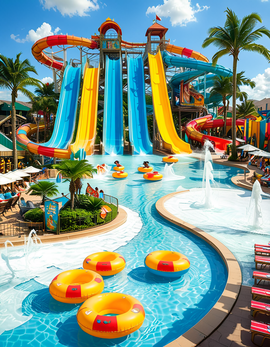 A vibrant and exciting water park on a sunny summer day, filled with families and friends enjoying the attractions. In the foreground, a massive twisting water slide with bright colors (blue, yellow, and red) spirals down into a large, crystal-clear pool. People are mid-air, splashing into the water with big smiles and excitement on their faces. To the left, a lazy river with inflatable tubes gently floats visitors under small waterfalls and palm trees. In the center, a giant wave pool creates artificial waves, with children and adults riding them on inflatable boards. A tall, multi-story play structure with water cannons, tipping buckets, and small slides is surrounded by kids laughing and playing. The background features lounge chairs with sunbathers, colorful umbrellas, and a snack bar selling ice cream and drinks. The sky is bright blue with fluffy white clouds, and the sunlight reflects off the wet surfaces, enhancing the cheerful summer atmosphere. The overall mood is fun, energetic, and full of joy.
<lora:SDXLFaeTastic2400:0.4> <lora:extremely_detailed:0.4> extremely detailed, <lora:water_p4rk:1>,water p4rk, Masterpiece,best quality,hi res,8k,hi res,8k,award winning,(sharp focus, intricate, highly detailed),