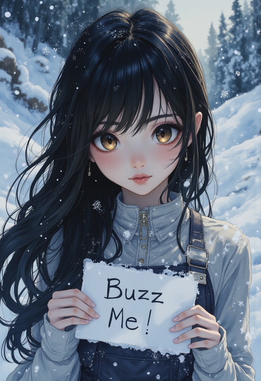 masterpiece, best quality, A hyper-realistic of picture 1girl,ChelXL, holding a "buzz me" sign, long hair, black hair, bangs, brown eyes, dark skin, lips ,need_buzz, holding sign, ICJournals, blocky, painterly, hyper detail, best quality. Micro details, facture surface, detail snow and ground, Cinematic, beautiful, vibrant, masterpiece, 32k, ultra HD, ultra-detailed, amazing quality, amazing artist, sharp edges, detailed textures, full view, atmospheric lighting, amazing visuals