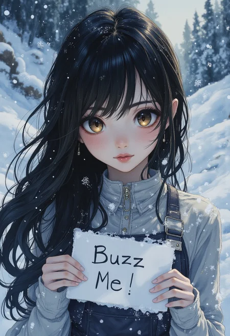 masterpiece, best quality, A hyper-realistic of picture 1girl,ChelXL, holding a "buzz me" sign, long hair, black hair, bangs, brown eyes, dark skin, lips ,need_buzz, holding sign, ICJournals, blocky, painterly, hyper detail, best quality. Micro details, facture surface, detail snow and ground, Cinematic, beautiful, vibrant, masterpiece, 32k, ultra HD, ultra-detailed, amazing quality, amazing artist, sharp edges, detailed textures, full view, atmospheric lighting, amazing visuals