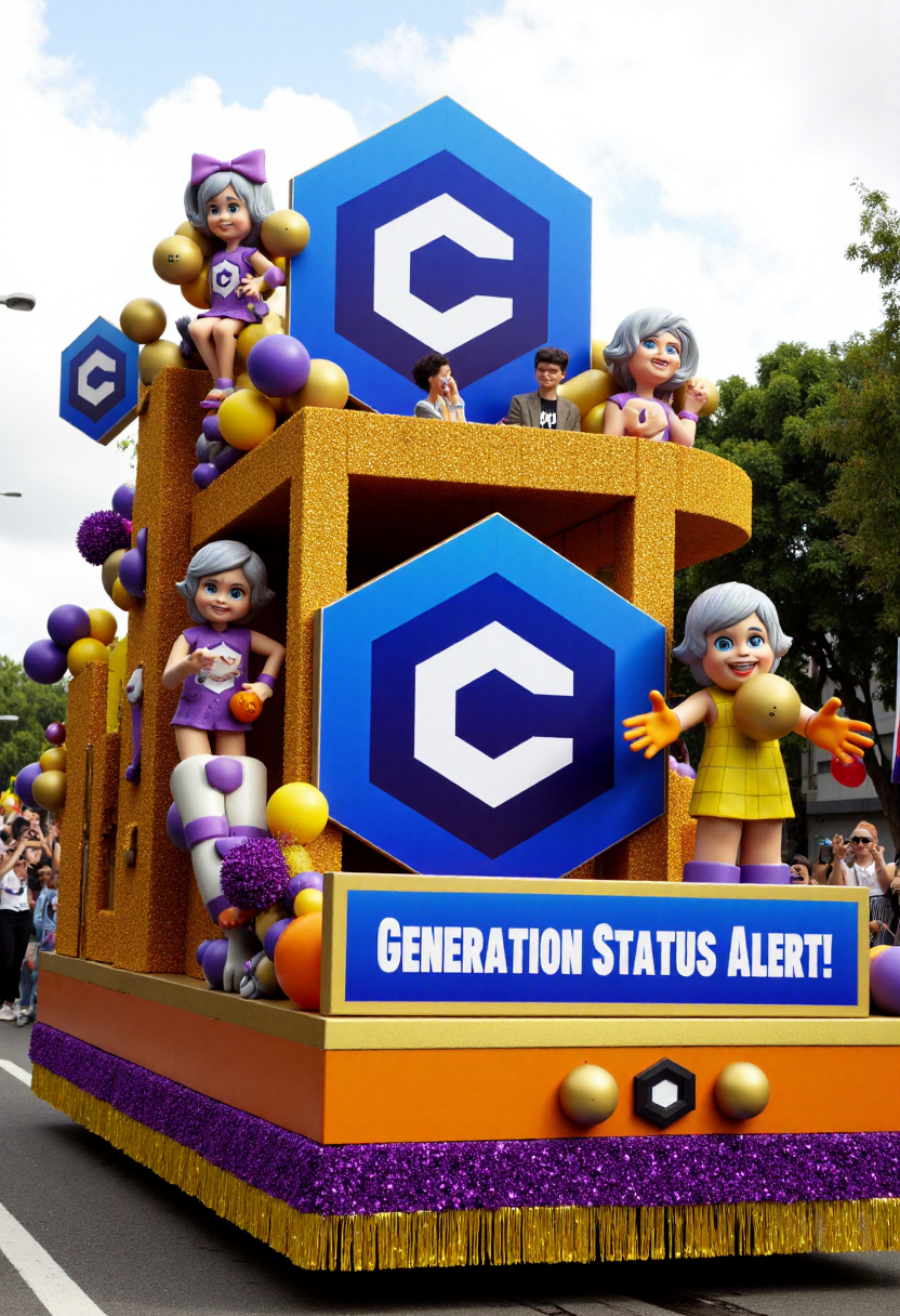 <lora:Parade_Float_Fashioner_FLUX-000005:0.9><lora:civitaiLogoFlux:0.9>
The image is a photograph capturing a vibrant, elaborate civitaiLogo themed parade float including banner with text "Generation Status Alert!".