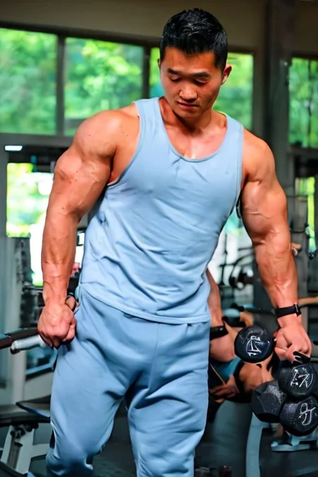 asian sexytrainer, tank top/sleeveless shirt, shorts/sweatpants/leggings, sneakers, gym, holding dumbbell/weightlifting, exercise, realistic, masterpiece, intricate details, detailed background, depth of field, photo of a handsome