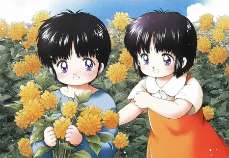 lazympos, very awa, general,highres, ultra-detailed,very aesthetic,best quality ,best hands, BREAK retro artstyle, 1980 \(style\), vibrant colors, sfw, Konohara_Konomi, 1girl, short hair, black hair, purple eyes, [Corio, 1boy, short hair, blue eyes, bangs, black hair], smiling, happy, kawai, playing, in the garden, flowers, happy, summer time, cowboy shot,