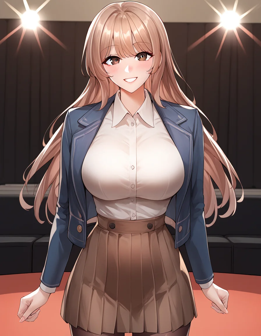 score_9,score_8_up,score_7_up, source_anime, looking at viewer, blush, smile, pantyhose, solo, jacket, white collared shirt, cowboy shot, stage, long sleeves, brown ribbed skirt, slim waist, <lora:Kim_Gaeul:1> fwkim, brown eyes, large breasts,