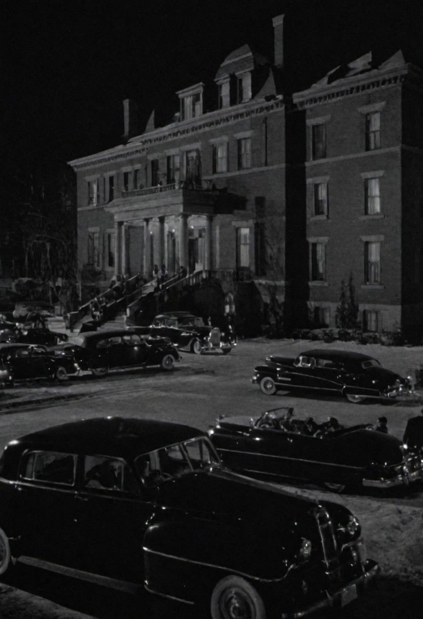 In the 1950s in Chicago, outside at night, from afar you can see a luxurious mansion of the mafia boss, you can see several cars and many armed gangsters protecting. Captured with a 35 mm camera, black and white, classic film noir film.