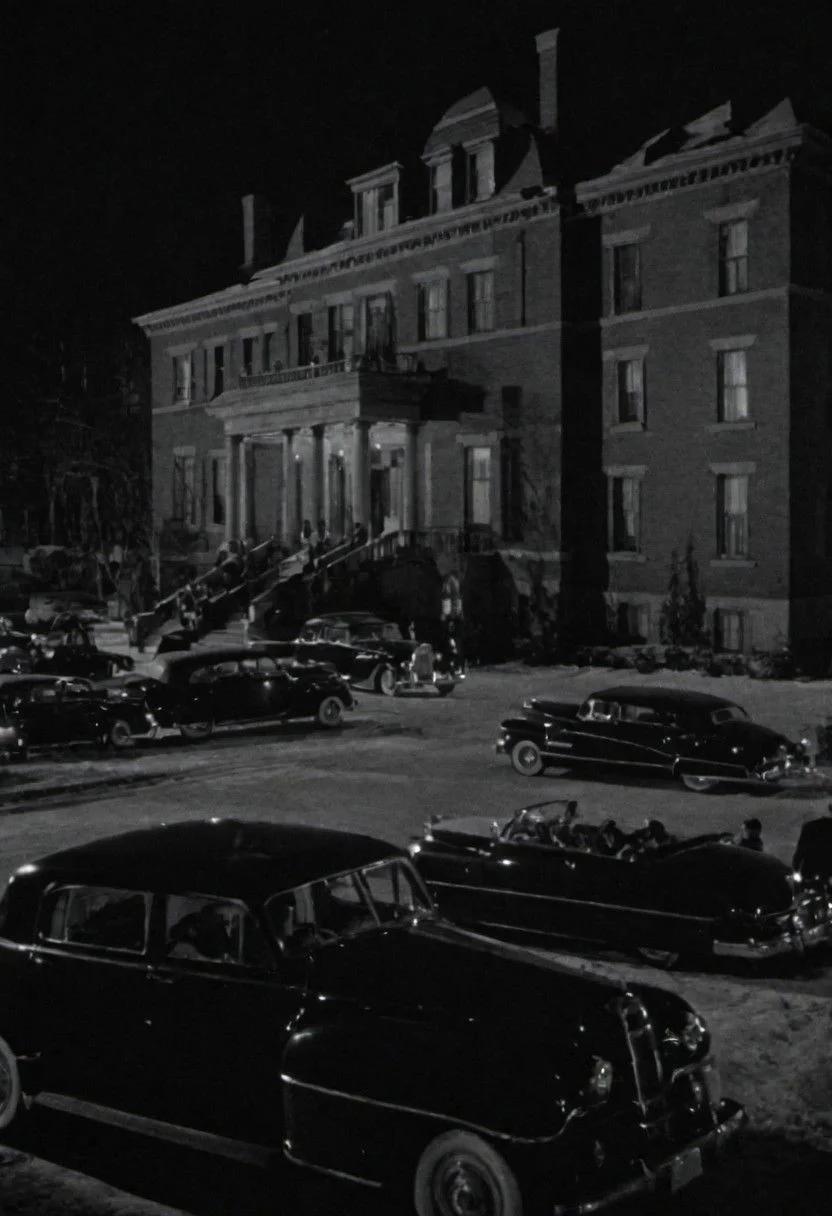In the 1950s in Chicago, outside at night, from afar you can see a luxurious mansion of the mafia boss, you can see several cars and many armed gangsters protecting. Captured with a 35 mm camera, black and white, classic film noir film.