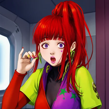 best quality, masterpiece, official artwork, (realistic:0.35), 1girl, solo, sq, red hair, jewelry, earrings, purple eyes, lips, nail polish, makeup, long hair, ponytail, spaceship room, shock face