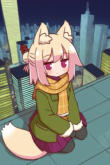 <lora:kemomimi_xl_lion:1>kemomimi,1girl, fox girl,single hair bun,JK uniform,1girl,from above,distant view,broad vision,
sitting,looking at viewer,smile,detailed face,
In the midst of a bustling cityscape,
The skyscrapers below her,
She sat on the roof of the tall building,
The girl and the building and the sky make an amazing picture,
The sun is on the horizon,
dusk,solo, skirt, pantyhose, scarf, black pantyhose, pleated skirt, green jacket, single hair bun, fur trim, long sleeves, night, fox tail, jacket, blonde hair, looking at viewer, plaid, blush, profile, mittens, fringe trim, purple skirt, brown scarf, red skirt, border, fur-trimmed sleeves, yellow scarf,