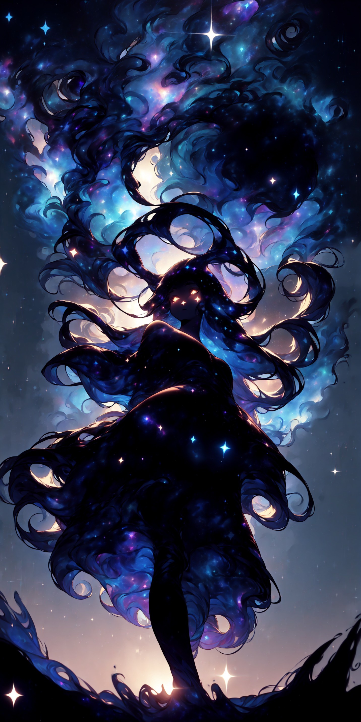 (masterpiece), best quality, expressive eyes, perfect face,
large view, epic scenery, soft colors, soft light, volumetric light, from below, front view, blue hour, (((perspective))),
silhouette of an elegant tall woman, very long hair, black greek dress, large celestial headdress, walking on white sand, sunset, dark celestialskin body, silhouette, jet black skin, flat color, colored skin, void cosmic body, stars, starry sky, halocro, , <lora:a30e1052-b297-41a5-94eb-7d4f346273ed:1.0>, <lora:CelestialSkin:1.0>