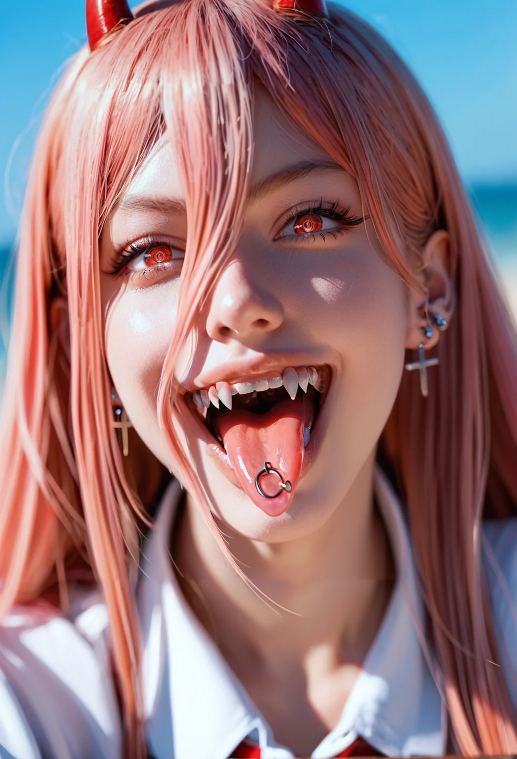 score_9, score_8_up, score_7_up, i want the whole image to be created in 3D anime style, 1girl, solo, long hair, looking at viewer, smile, open mouth, shirt, red eyes, hair between eyes, jewelry, pink hair, earrings, horns, teeth, tongue, collared shirt, tongue out, symbol-shaped pupils, eyelashes, fangs, piercing, sharp teeth, demon horns, ear piercing, portrait, red horns, cross-shaped pupils, tongue piercing, power (chainsaw man)
