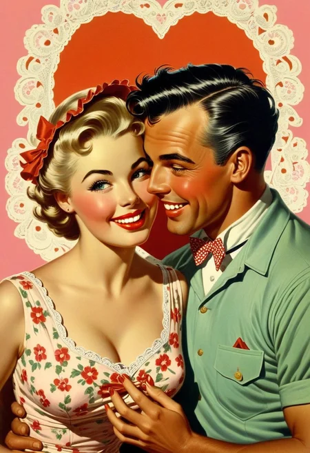Vintage retro art printing of a smiling couple of monstrous lovers, perfect face, symmetrical face, French face, sensual face, mischievous smileshe is wearing an intricate sundress,as scenery a romantic Valentine's atmosphere, in the art style of gil elvgren, award winning, masterpiece, dramatic lighting,