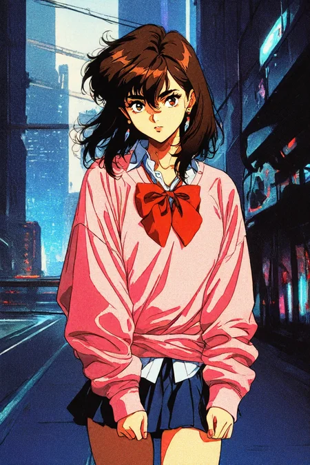 score_9, score_8_up, score_7_up, score_6_up, score_5_up, score_4_up, <lora:Momo_Ayase_Dandadan_V1:0.8> KJOmomo, brown hair, dark eyes, medium hair, hair between eyes, thick eyebrows, earrings,white collared shirt, oversized pink pullover, long sleeves, red bow, blue short skirt, untucked shirt ,<lora:retro_scifi_artstyle-000021:0.8>, 1girl, solo, alone, retro_artstyle, retro, cyberpunk, masterpiece, highres, cyberpunk city background