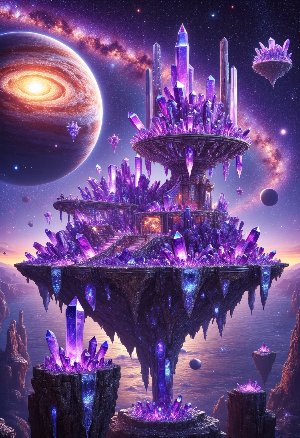 Amethyst Celestial Observatory
A cosmic observatory perched on a floating asteroid, entirely made of sparkling amethyst crystals. Its massive crystalline telescope points toward a swirling nebula, glowing with hues of violet and gold. The observatoryâs jagged walls glimmer faintly, reflecting the starlight from the surrounding galaxy. Floating amethyst shards orbit the structure, creating a surreal, otherworldly atmosphere.