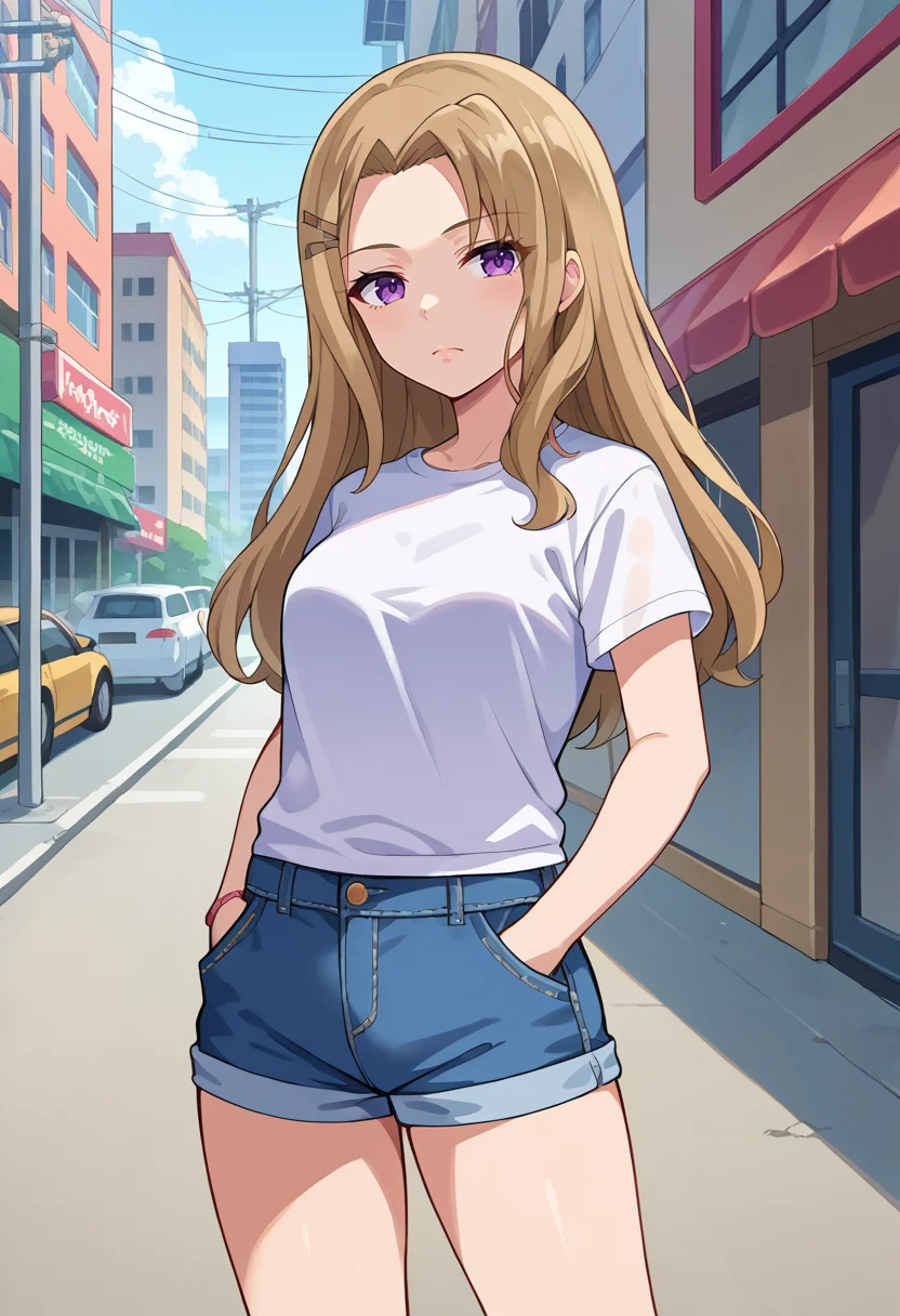 score_9, score_8_up, source_anime, 1girl, solo, TakashimaYakumo, light brown hair, purple eyes, long hair, hairclip, t-shirt, denim shorts, standing, outdoors, city, hands in pockets, <lora:ChamTakashimaYakumoPonyXL:1>
