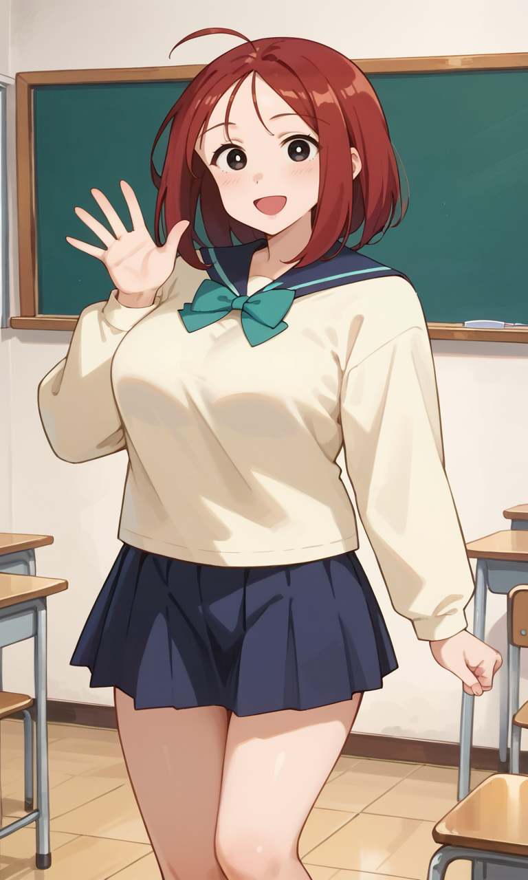 (1girl:1.5), (solo:1.3), (score_9, score_8_up, score_7_up, score_6_up, score_5_up, score_4_up), (source_anime), rating_questionable, looking at viewer, (cowboy shot:1.3), indoors, classroom, chalkboard, (yellow untucked sweater, oversized clothes, long sleeves, blue sailor collar, green bowtie, blue skirt, pleated skirt, miniskirt, white socks, black footwear), (large breasts), <lora:shiwasu-mari_v1:0.9> (shiwasu-mari), (black eyes, red hair, medium hair, parted bangs, parody hair), (smile, happy, open mouth, wide mouth), standing, waving,  standing at attention, straight fingerless