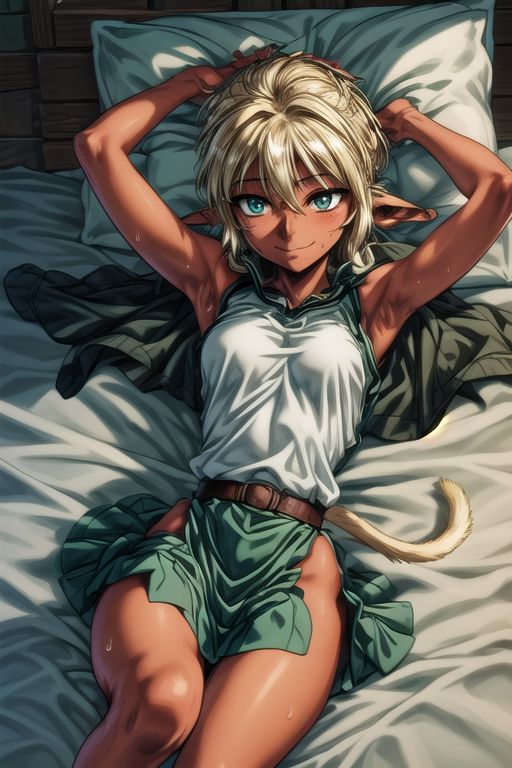 best quality, ultra-detailed, (1girl, solo,fam, unkempt hair, blonde hair, (green eyes:1.5), Seductive Eyes, pointy ears, Small breasts, dark skin, dark-skinned female, elf, long pointy ears, tail, smile, tutu skirt, Cape, Shy, Lying, Lying Back, Lying down, sweat, solo focus, lying, armpits, on back pillow, bed, sleeveless,