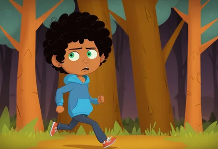 max (camp camp), cartoon theme, max (camp camp), 1boy, solo, human, male focus, curly black hair, curly tousled black hair, afro, dark skin, dark-skinned male, large eyes, round eyes, green eyes,small nose, triangular nose, pointed nose, anoyed face, running, blue hood, blue pants, small body, young boy, chibi, dark forest, night