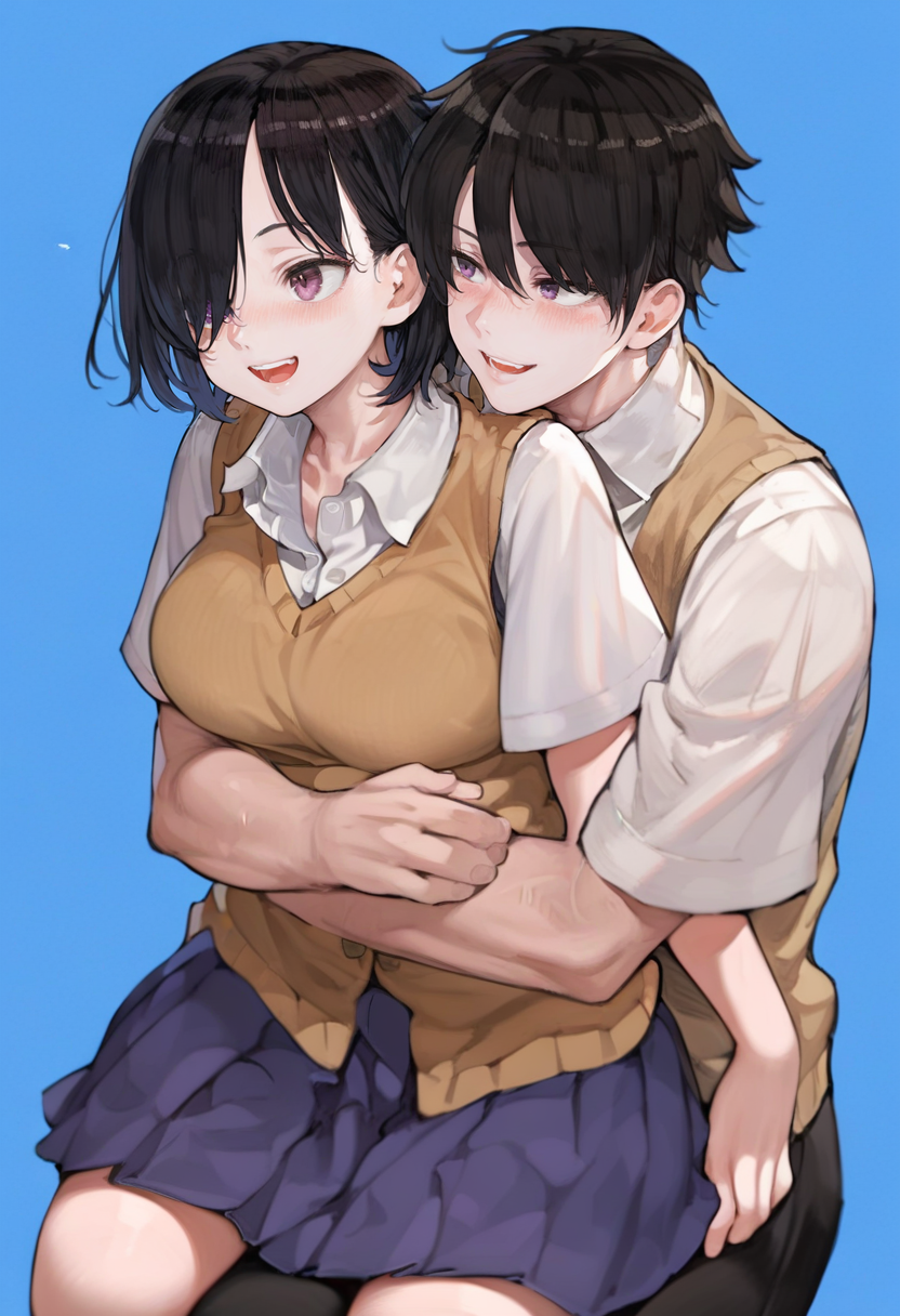 score_9, score_8_up, score_7_up, score_6_up, <lora:navigaviXL_P6_lokr_V53P1:0.95>  1girl, 1boy, black hair, long hair, breasts, skirt, school uniform, shirt, blue background, large breasts, brown eyes, white shirt, simple background, blush, teeth, smile, hug from behind, open mouth, pleated skirt, collared shirt, hug, sweater vest, vest, pants, hair over one eye, black pants, :d, short hair, purple eyes, bangs, short sleeves