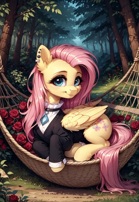 masterpiece, score_9_up, score_8_up, score_7_up, score_6_up, source_pony, (best quality:1.1), ultra-detailed, high resolution, solo, highly detailed macro illustration, good_hands BREAK 1girl, (Fluttershy), (mlp), feral, pony, feathery wings, fluffy ears, ear piercing, black eyelids, (beautiful blue eyes), Pink mane, tail, (happy expression, cute face:1.4), look at viewer, (black ande red roses:1.3), long eyelashes, (black dress, (white cuffs and collar decorated with blue diamonds) BREAK lying in hammock, from side BREAK dreamy atmosphere, nature, forest BREAK sharp focus, perfect lighting, anatomically correct, extremely detailed, high detail, detailed background, OverallDetail, zPDXL3  
