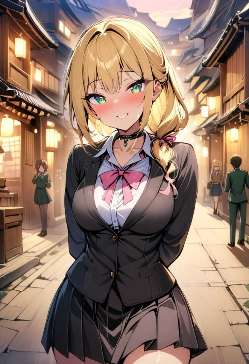 score_9, score_8_up, score_7_up, score_6_up, dynamic, (anime, masterpiece), best quality, (8k), detailed background, sharp focus, intricate, ambient lighting, super high quality, hyper detailed background, cinematic lighting, adult, straight ponytail blonde hair, choker, pink ribbon, emerald green eyes, school uniform, medium breasts, sexy look, devious, seductive, alluring, posing, smiling deviously, detailed face, detailed eyes, japanese town, sexymouth