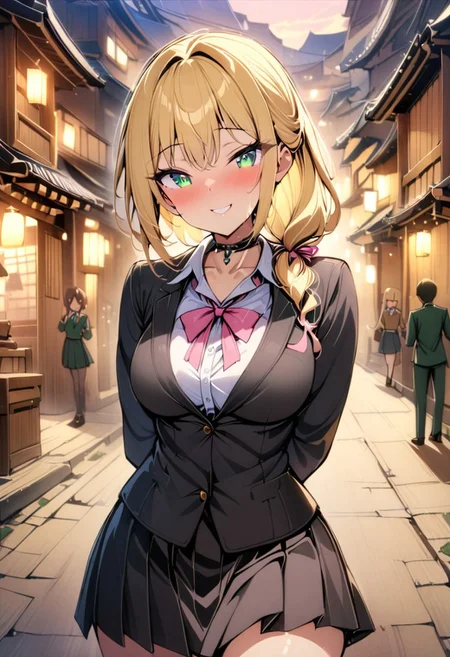 score_9, score_8_up, score_7_up, score_6_up, dynamic, (anime, masterpiece), best quality, (8k), detailed background, sharp focus, intricate, ambient lighting, super high quality, hyper detailed background, cinematic lighting, adult, straight ponytail blonde hair, choker, pink ribbon, emerald green eyes, school uniform, medium breasts, sexy look, devious, seductive, alluring, posing, smiling deviously, detailed face, detailed eyes, japanese town, sexymouth