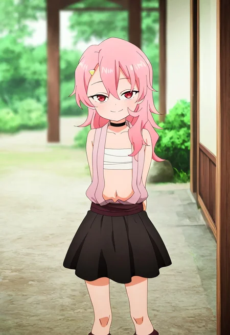 blurred background,
smile,
looking at viewer,
solo,
benisumomo, long hair, hair ornament, red eyes, pink hair, hairclip, flat chest,, navel, japanese clothes, choker, black choker, sarashi, chest sarashi, black skirt, brown socks,
standing,
masterpiece,best quality,good quality,newest,