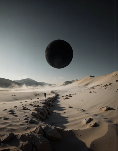 Ashen desert, the black sun dominates the horizon, shadows wander in search of hope, highly detailed, 8k, sharp, professional, high contrast, vivid deep blacks, crystal clear. <lora:landscape:1>
