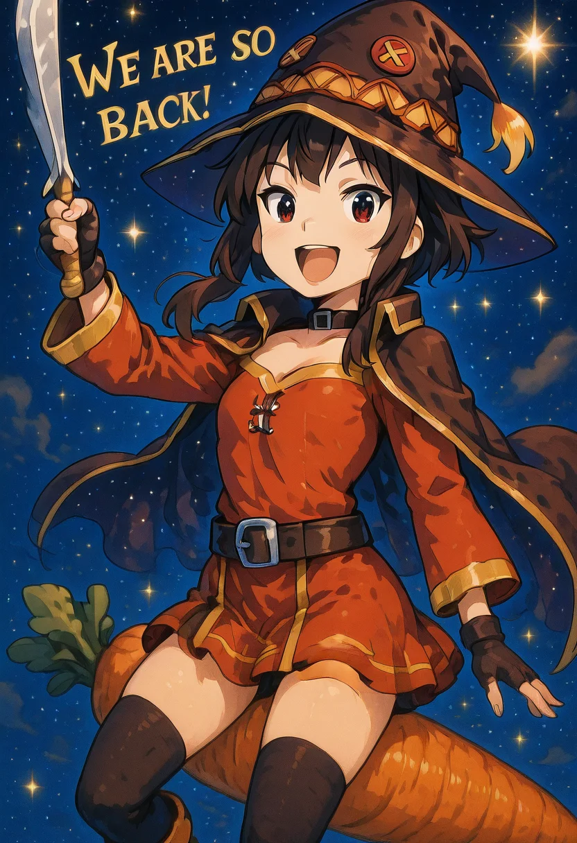 masterpiece, best quality, 1girl, solo, eyelashes, (beautiful eyes), C4rr0tR1d3r, smile, open mouth, night, feet out of frame, , star (sky), night sky, starry sky, We4reSoB4ck, text, medium breasts, (curvy), zzMegu, megumin, solo, looking at viewer, smile, red eyes, black hair, short hair with long locks, thighhighs, gloves, witch hat, red dress, black gloves, belt, black thighhighs, fingerless gloves, cape, collar, smile, teeth, :D, <lora:We4reSoB4ck_IXL_v1:1.0>, <lora:MeguminKonosuba_IXL_v1:0.6>, <lora:C4rr0tR1d3r_IXL_v1:1.0>,