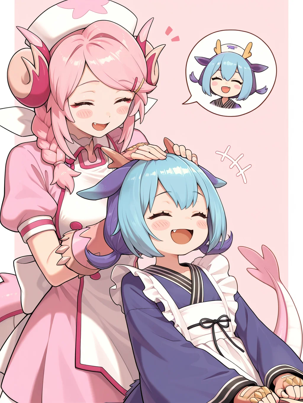 2girls, fang, closed eyes, smile, red eye tattoo, open mouth, hand on another's head, hairclip, blush, nurse dragonmaid, white nurse cap, pink fingerless gloves, pink nurse dress, speech bubble, laundry dragonmaid, blue maid outfit, blush stickers,
masterpiece,best quality,amazing quality,very aesthetic,absurdres,newest,<lora:Nurse dragonmaid illuXL v1.1:0.74>,