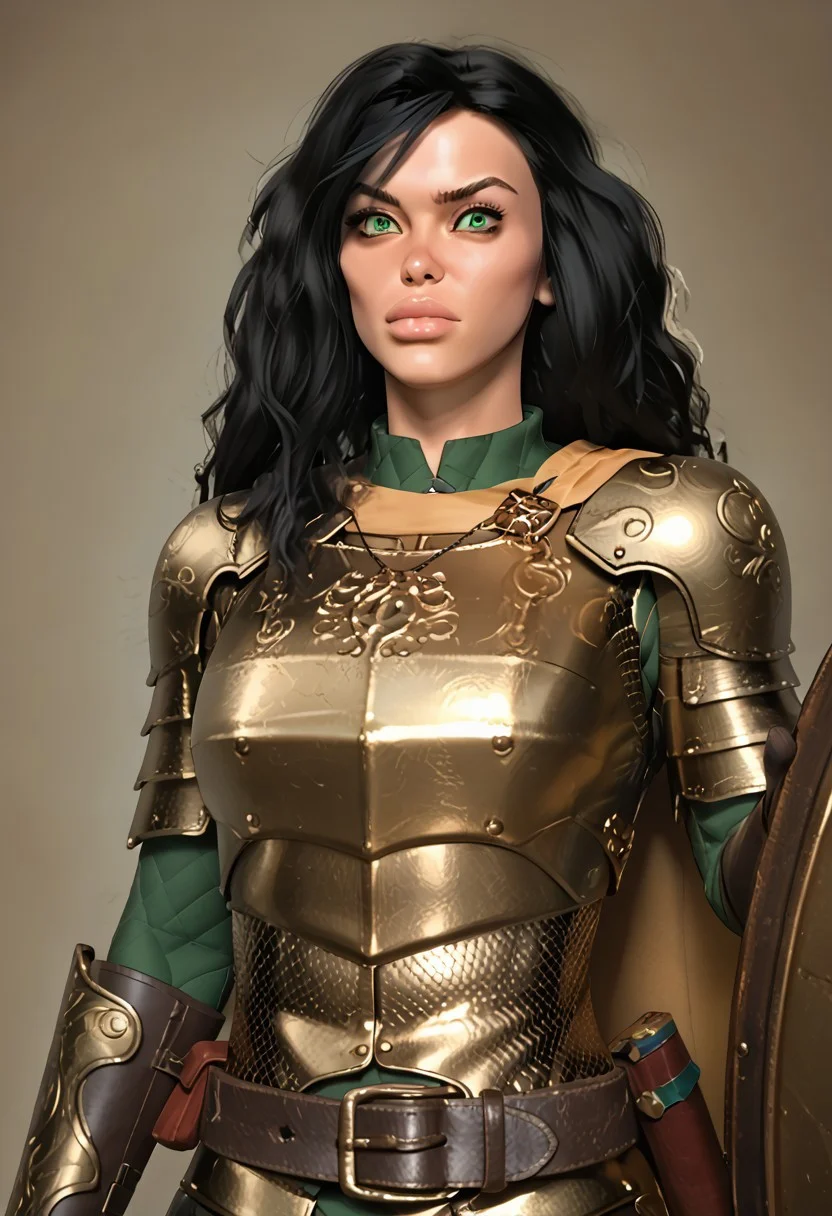 score_9, score_8_up, score_7_up, score_6_up, AOJaguarstyle, rating_explicit, solo focus, cowboy shot, portrait, view from front, upper body focus, 1girl, Pr1ncess_Lara, black hair, long hair, green eyes, armor, chainmail, breastplate, shield, boots, gloves, small breasts, determined expression, cape, belt, necklace, leather,