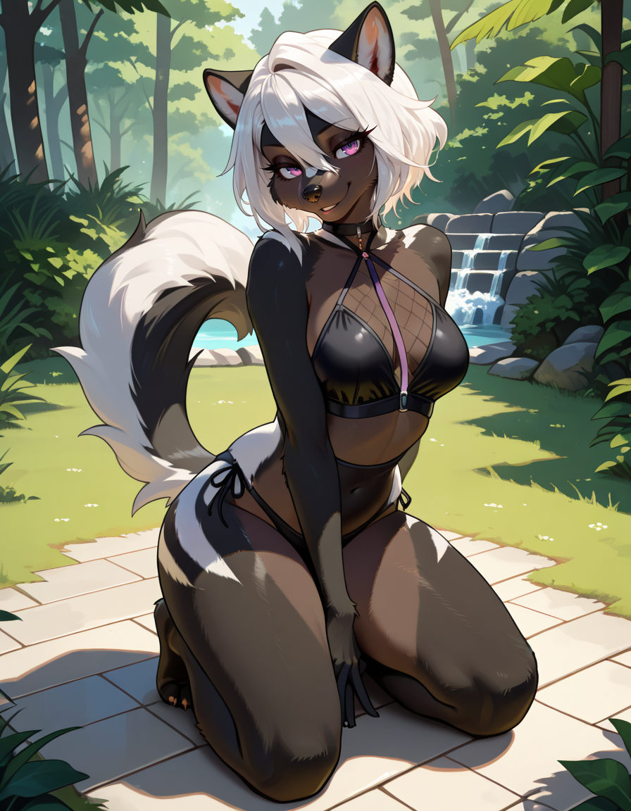 masterpiece, best quality, very aesthetic, absurdres,
outdoors,
full body, seductive smile, parted lips, long eyelashes,
 <lora:Vanessa_v01_NAIXL:1>
V4n3554,1girl,solo,furry,furry female,animal ears,short hair,white hair,hair between eyes,purple eyes,snout,animal nose,body fur,two-tone fur,black fur,white fur,tail,
