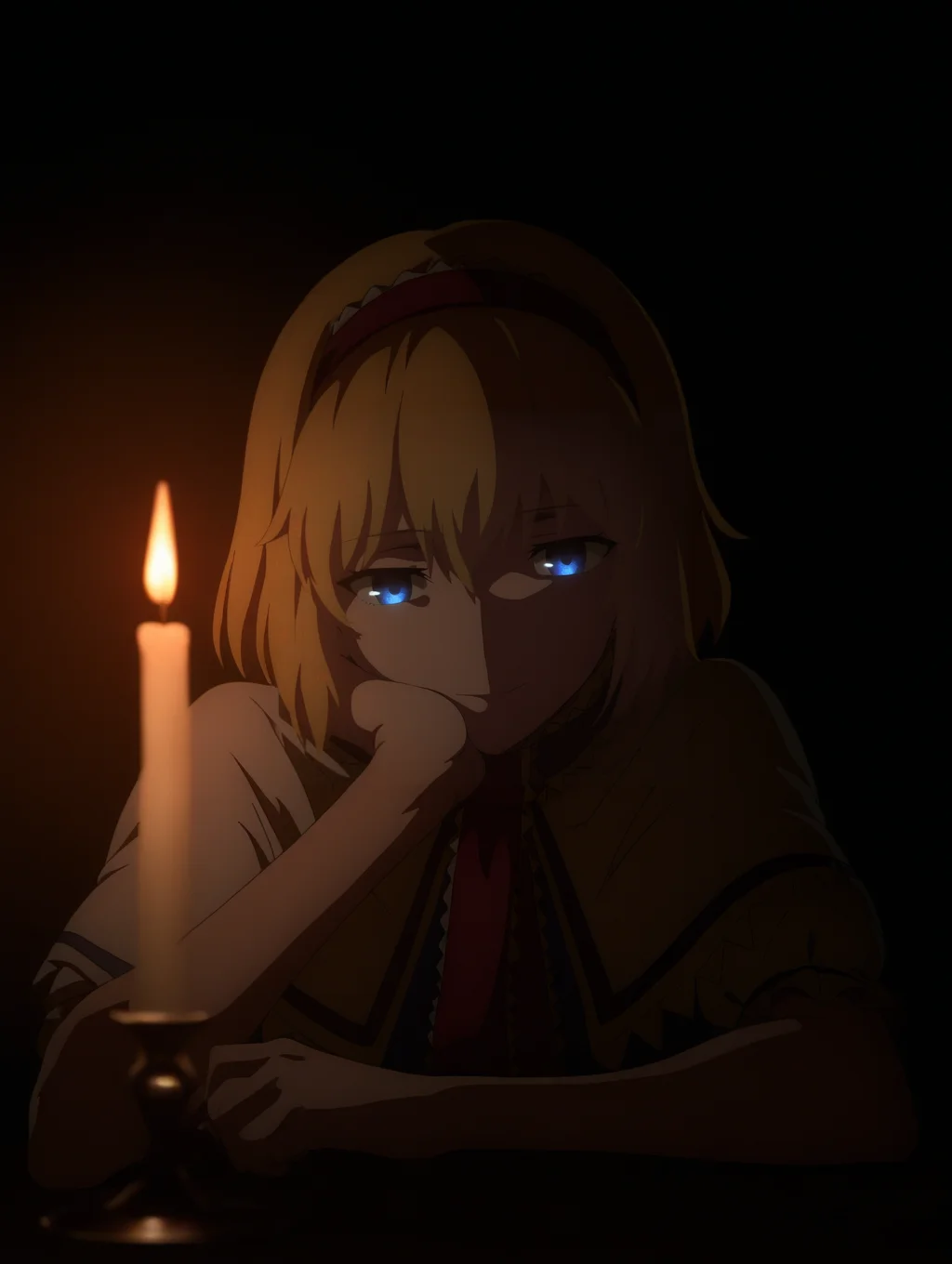 1girl, solo, upper body, pov across table,
alice margatroid,
style-ufotable, high contrast, chiaroscuro,
candle,
hand rest
,masterpiece, best quality, newest, absurdres, highres,
<lora:style_ufotable_v1:1>