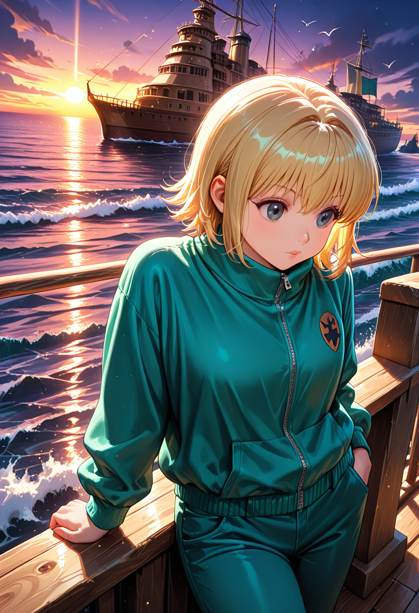 masterpiece, best quality, 32k, high resolution, absurdres 
1girl, solo, Borksen, h_borksen, hunter x hunter, official art, dark grey eyes, short blond hair, long sleeves,full turquoise clothes, bangs, turquoise pants, turquoisejacket,
dynamic pose, standing, posing, looking at horizon, leaning on the railing
outdoors, big ship, boat deck, sea, seagulls, waves,
light particles, dynamic angle,  cinematic angle, various angles, detailed background, beautiful background, (rays light:1.0),(grow:1.0) vivid colors, shiny and glossy, anime style, high-res, beautiful aesthetic, very intricate, high-quality details, vibrant, 
<lora:add-detail-xl:1.10> <lora:spo_sdxl_10ep_4k-data_lora_webui:0.95> <lora:noobai_ep11_stabilizer_v0.138_fp16:0.6> <lora:StS-Illustrious-Detail-Slider-v1.0:1.10> <lora:cfg_scale_boost:0.95> <lora:nyalia:0.20>  <lora:HUNTERHUNTER___Morena_____borksen:1>