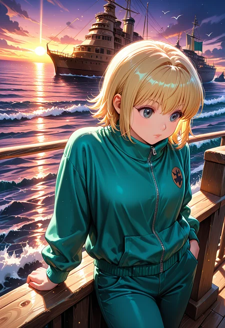 masterpiece, best quality, 32k, high resolution, absurdres
1girl, solo, Borksen, h_borksen, hunter x hunter, official art, dark grey eyes, short blond hair, long sleeves,full turquoise clothes, bangs, turquoise pants, turquoisejacket,
dynamic pose, standing, posing, looking at horizon, leaning on the railing
outdoors, big ship, boat deck, sea, seagulls, waves,
light particles, dynamic angle, cinematic angle, various angles, detailed background, beautiful background, (rays light:1.0),(grow:1.0) vivid colors, shiny and glossy, anime style, high-res, beautiful aesthetic, very intricate, high-quality details, vibrant,
<lora:add-detail-xl:1.10> <lora:spo_sdxl_10ep_4k-data_lora_webui:0.95> <lora:noobai_ep11_stabilizer_v0.138_fp16:0.6> <lora:StS-Illustrious-Detail-Slider-v1.0:1.10> <lora:cfg_scale_boost:0.95> <lora:nyalia:0.20> <lora:HUNTERHUNTER___Morena_____borksen:1>