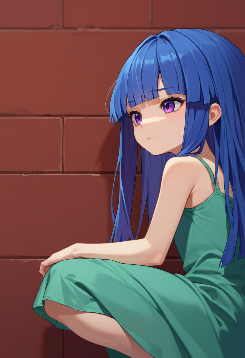 score_9, score_8_up, score_7_up, source_anime, furude rika, blue hair, purple eyes,  1girl,green dress, squatting,   <lora:Furude Rika-000010:1>