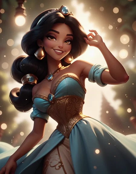 score_9, score_8_up, score_7_up,score_6_up, score_5_up, score_4_up ,1girl, solo,
large breasts,
JasmineDG,
outdoors, light particles, bokeh, dim lighting,
tiara, dark skin,
smile, half closed eyes, from below,
<lora:Jasmine DG PonyXL-000003:1>
