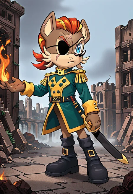 masterpiece, best quality, amazing quality, high detail, absurdres, Patch D'Coolette, male solo, fire on ground, ruins, outdoors, building, weapon, sheathed, tail, looking at viewer, green jacket, black boots, gloves, eyepatch, scar, blond hair, blue eyes, smoke, ruble, gray sky